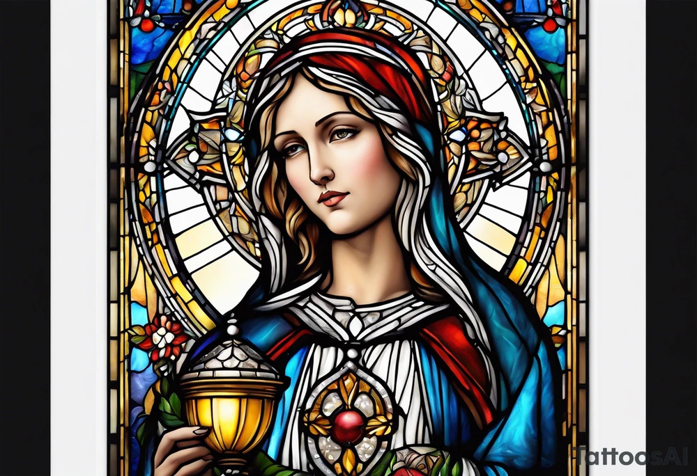 holy saint woman with halo stained glass holding a chalice tattoo idea
