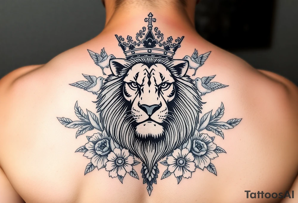 powerful majestic lion with a crown, surrounded by floral ornaments and birds tattoo idea