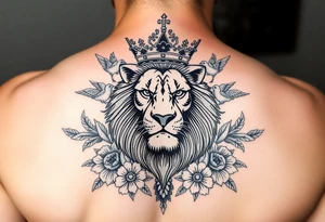powerful majestic lion with a crown, surrounded by floral ornaments and birds tattoo idea