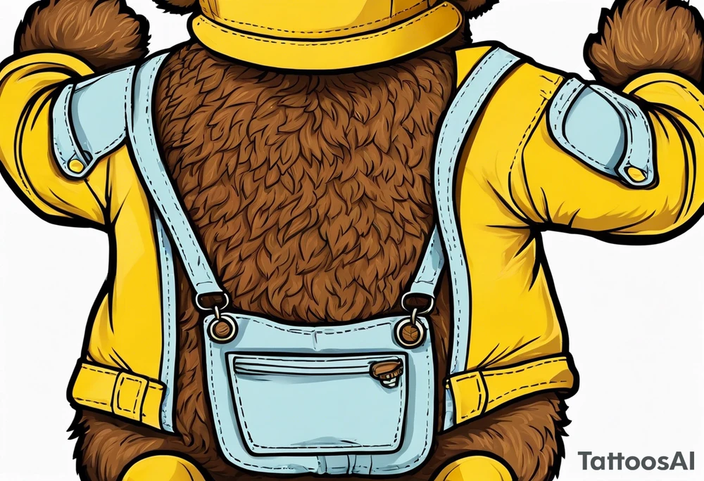 the back of a standing skinny, brown ,
teddy bear in yellow , long overalls tattoo idea