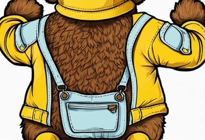 the back of a standing skinny, brown ,
teddy bear in yellow , long overalls tattoo idea