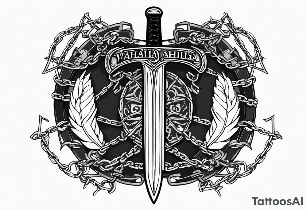 Valhalla sword shield axe barbed wire chains dark cloud tattoo idea