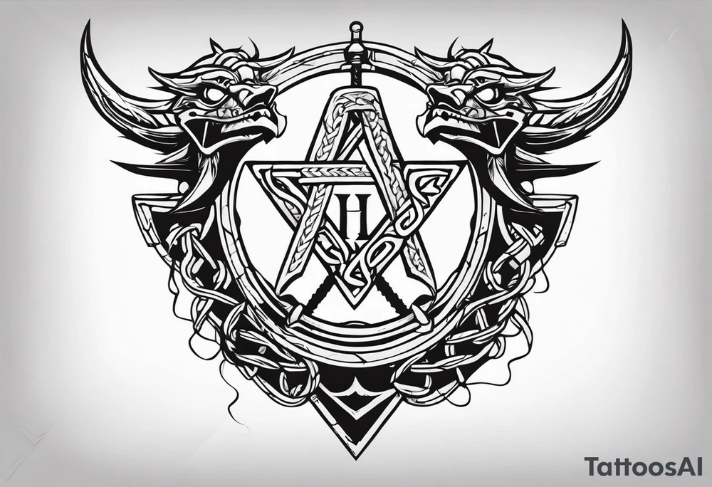 Valhalla sword shield dragon axe Valknut barbed wire chains tattoo idea Valhalla sword shield dragon axe Valknut barbed wire chains tattoo idea