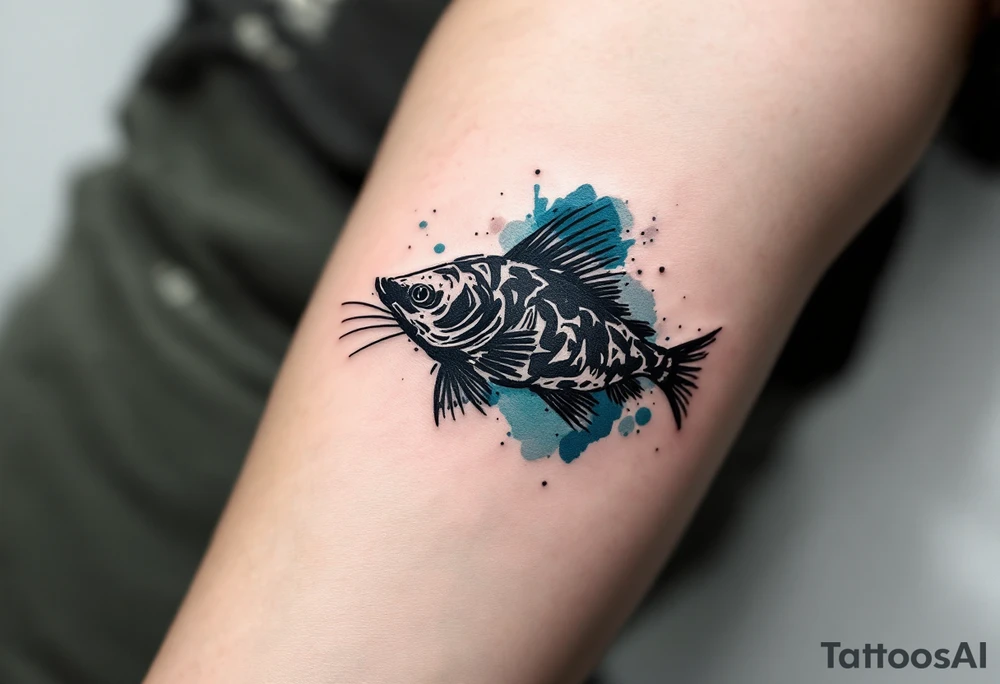 Abstract Catfish Tattoo – A stylized form with brushstroke-style black ink, splashes of turquoise and slate blue, and minimalist whiskers for a modern twist. tattoo idea