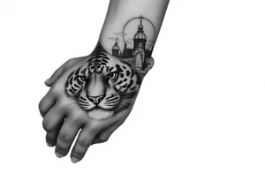 in a dorsal view of the hand and forearm a tiger face on the hand with black hollowed eyes, then above this a orthodox church shrouded with a mist and fading into a virgin mary overlooking tattoo idea