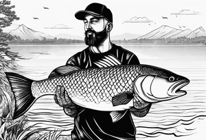 fisherman standing full body simple outline tattoo idea