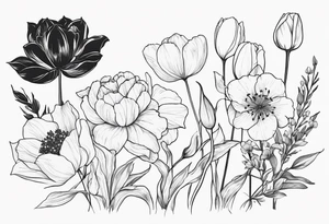 Verticle arm placement of HydrANGEAS, TULIPS, LILLIES, DRAGONflower, with wildflowers, poppy, complimentary flowers, bees, peony, forearm tattoo idea