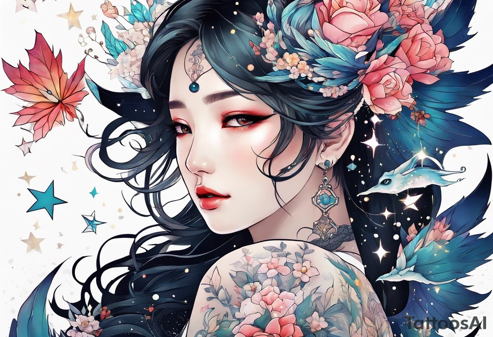 Constellation, wing , snow , cross , dragon female japan kawaii , flower tattoo idea
