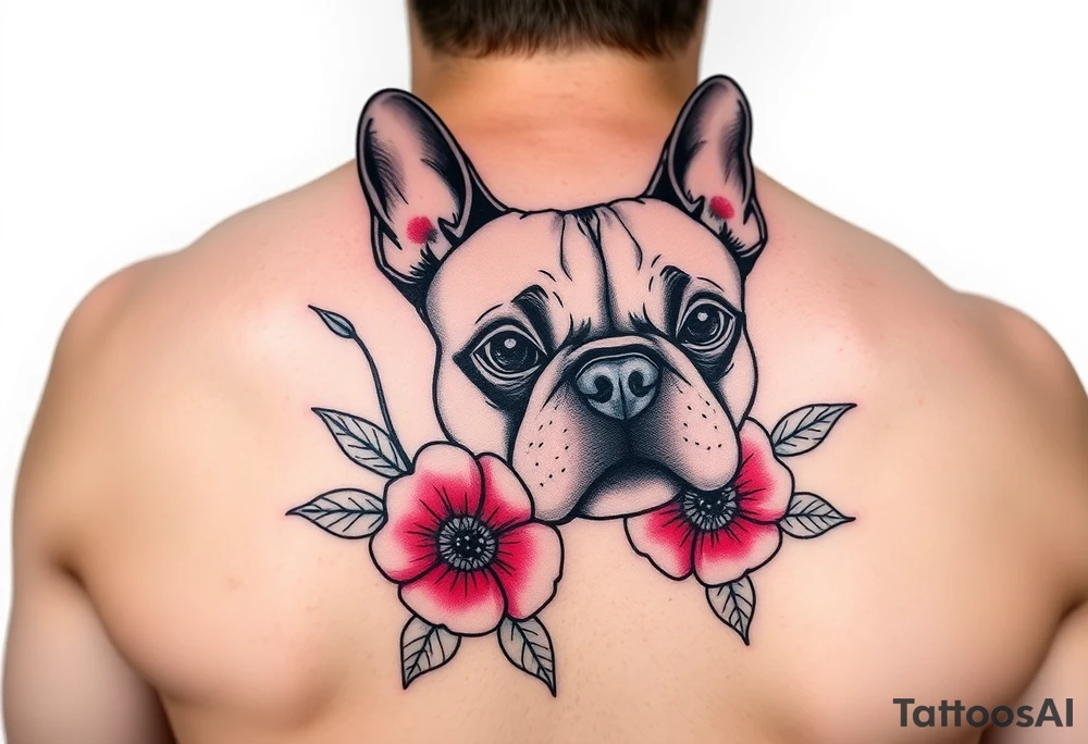 French bulldog, feminine ruby color flowers tattoo idea