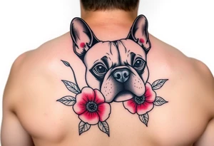 French bulldog, feminine ruby color flowers tattoo idea