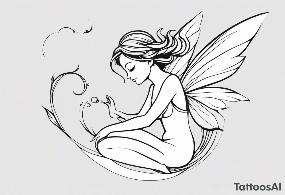 Minimalistic, monochromatic fairy with a tail flying to the left in a fetal position, leaning and looking in the same direction, with visible hands, embodying the 'Fairy Tail' logo aesthetic. tattoo idea