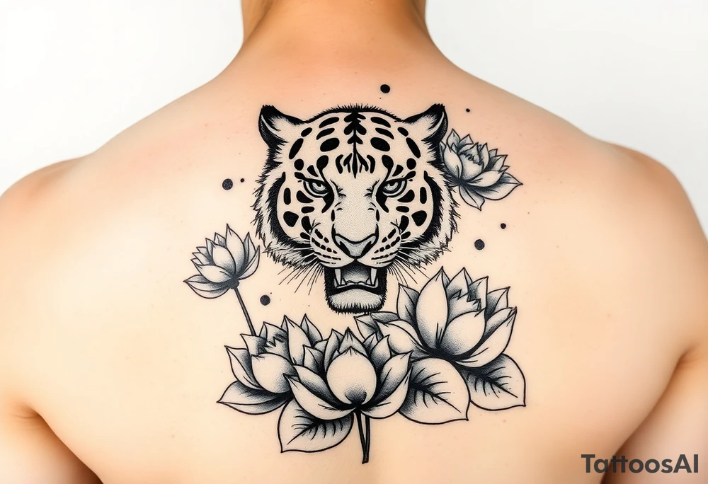 fierce tiger emerging through blooming lotus flowers in mist tattoo idea