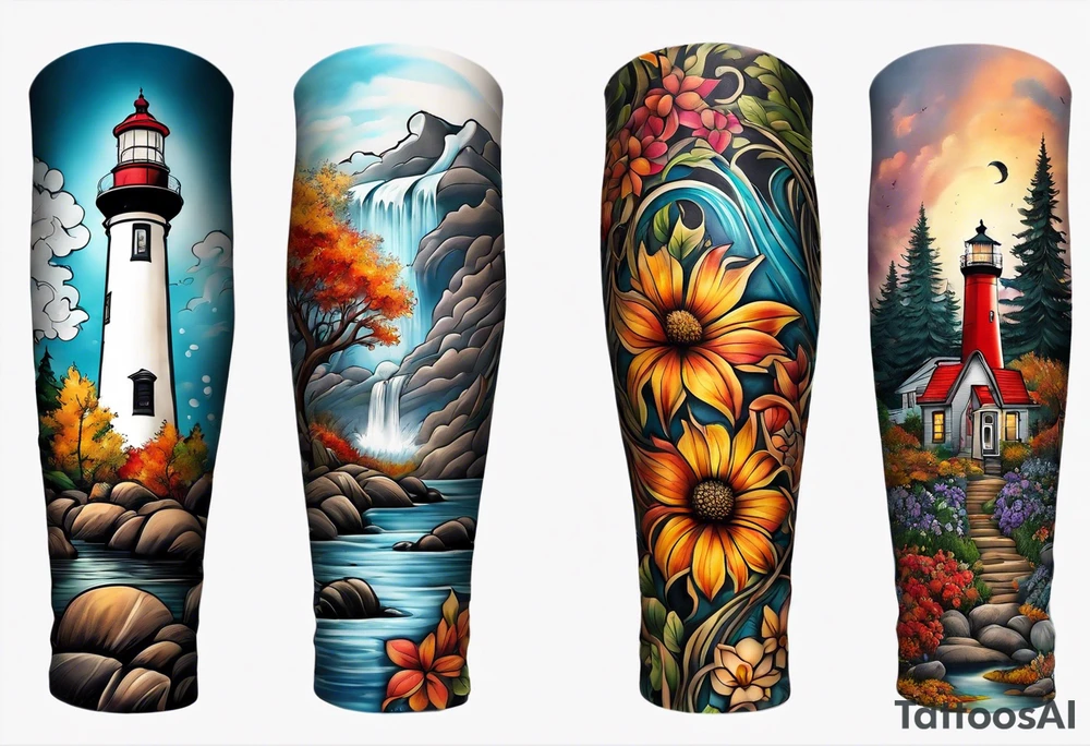 Arm sleeve with fall colors, various flowers, water flow shapes, water splash, light house tattoo idea