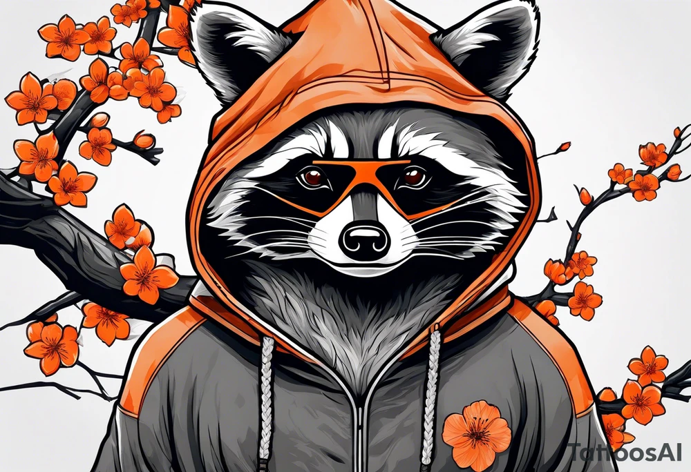 raccoon wearing a black and white Superman hoodie and orange Japanese cherry blossoms tattoo idea