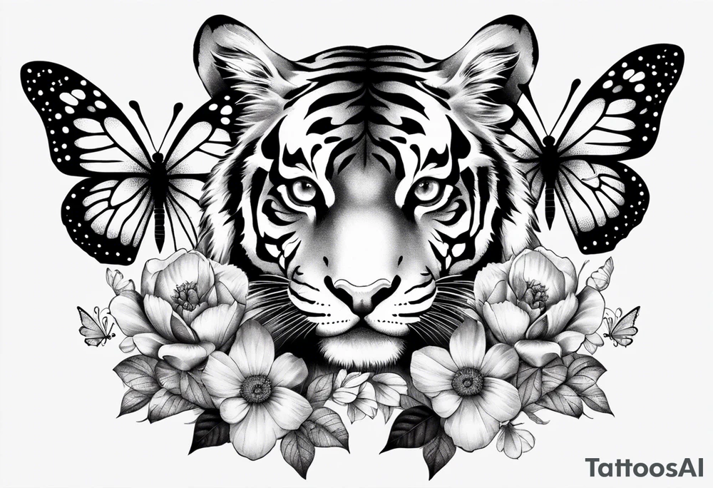 tiger, 3 butterflies, flowers for ladies thigh / hip shaded tattoo idea