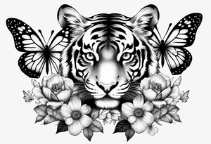 tiger, 3 butterflies, flowers for ladies thigh / hip shaded tattoo idea