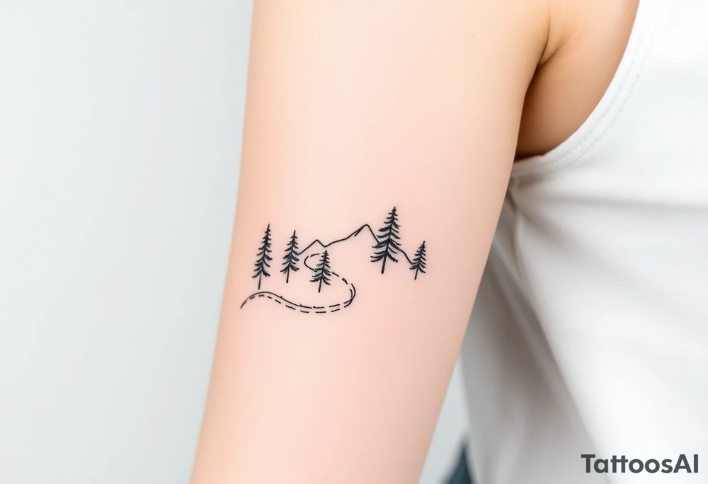 path deveoping zigzag between trees and mountains up the arm tattoo idea