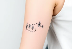 path deveoping zigzag between trees and mountains up the arm tattoo idea