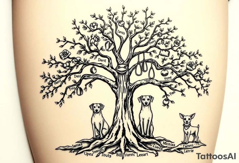 Hippy beech tree full of life. 
Jamie, Derek, Iris, John, bill, Winnie names in the roots, Mavis, Garhi, Mickey, Pam, Lucy, in the branches at the top. Names can be in Hebrew. 
Three dogs a Rhodesian Ridgeback, King Charles cavalier and chihuahua. 
Prett, feminine ornate. Boxing gloves hanging from tree maybe with an all seeing eye overseeing it all. Must be feminine and pretty tattoo idea