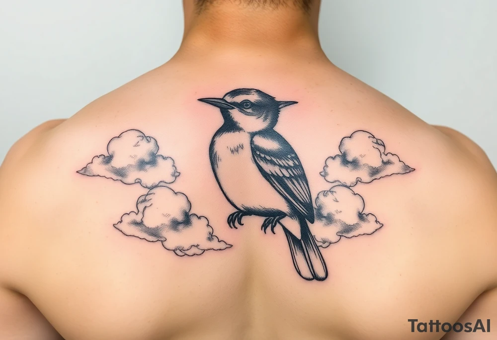Kentucky bluebird with realistic clouds tattoo idea