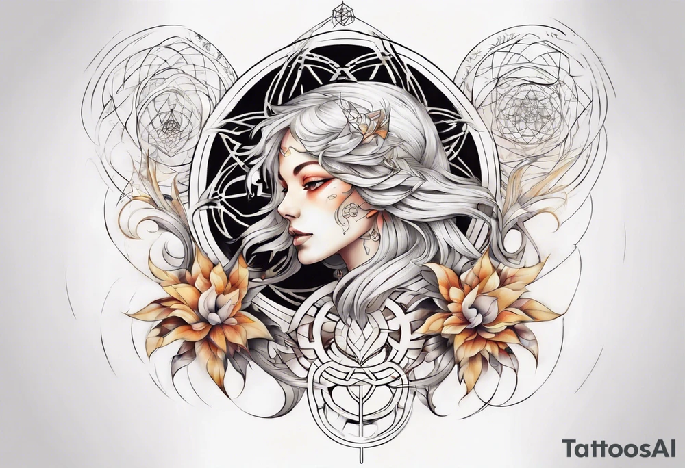 Sleeve for woman's arm phoenix sacred geometry with Metatron's cube tattoo idea