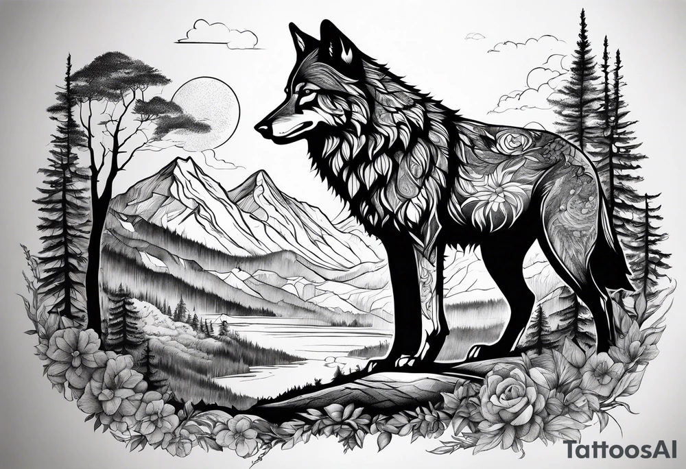 landscape with wolf, stag tattoo idea