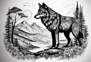 landscape with wolf, stag tattoo idea