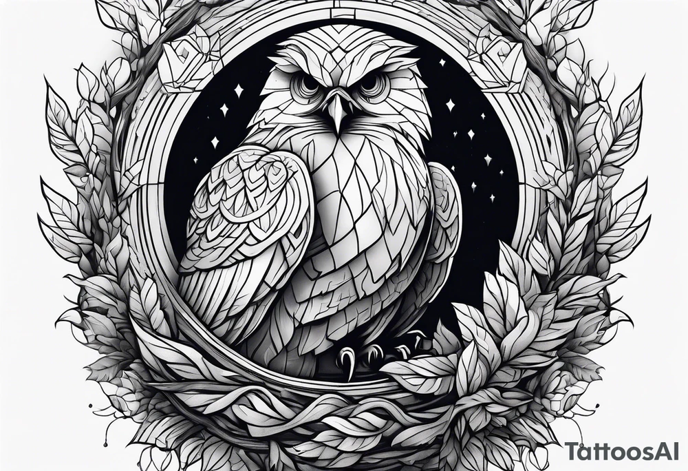 Owl, raven, eagle cuddled in a nest, looking down into the nest tattoo idea