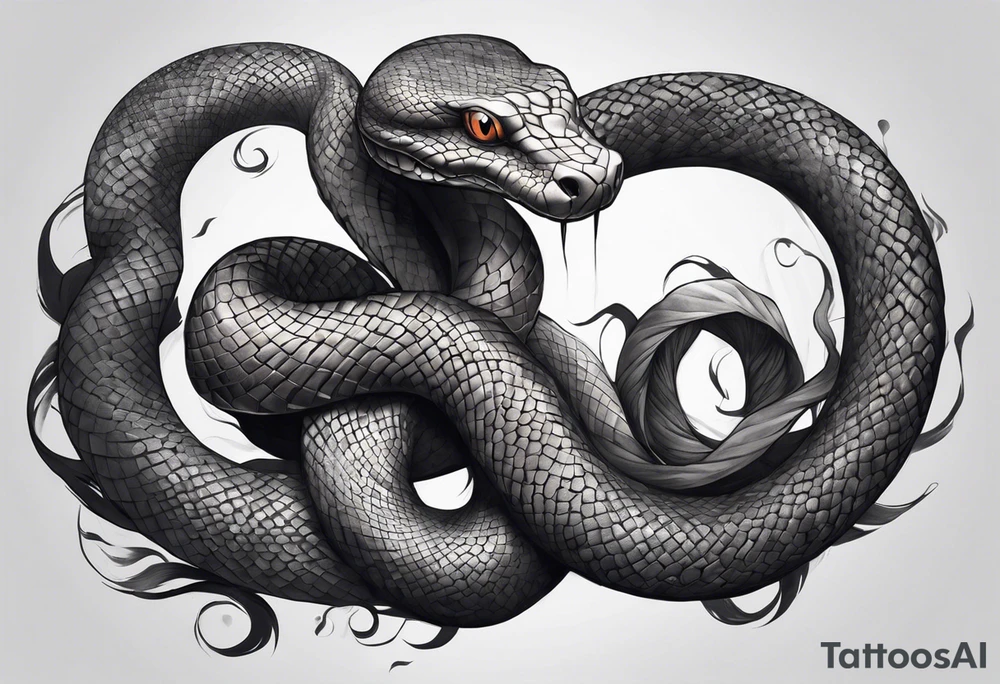 A snake wrapping around the legs of a rough sketch of man with 8 arms and no face in pencil drawing style. The upper part of the snake will come up from the right and look back at the man figure. There will be a black eye above the man looking directly forward. tattoo idea