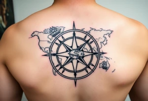 antique compass rose overlaid on weathered world map with sailing ships tattoo idea