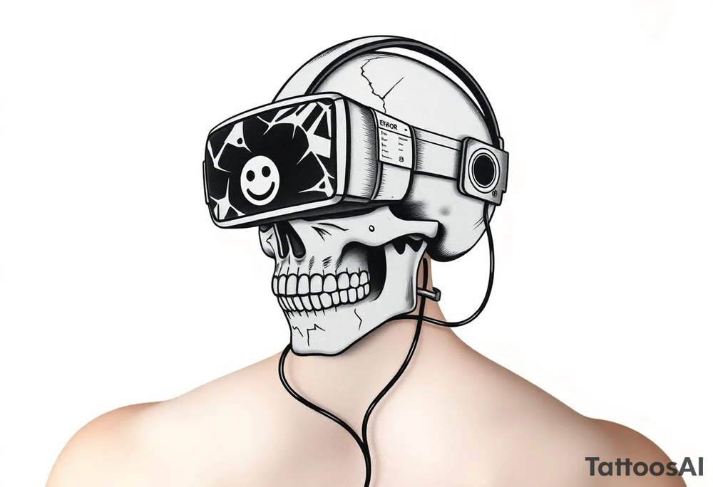 Neon Skull in a Cracked VR Headset
A human skull wearing a cracked VR headset.
The headset's screen flickering between a smiling emoji and a 404 ERROR screen.
Wires dangling like tendrils, connecting the skull to something unseen. tattoo idea