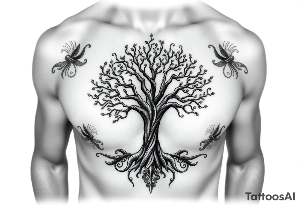 Detailed tree of life tree with designs around it with a lot of shading tattoo idea