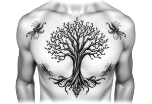 Detailed tree of life tree with designs around it with a lot of shading tattoo idea