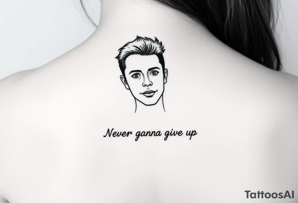 Rick Astley Face and Never Gonna Give You Up text tattoo idea