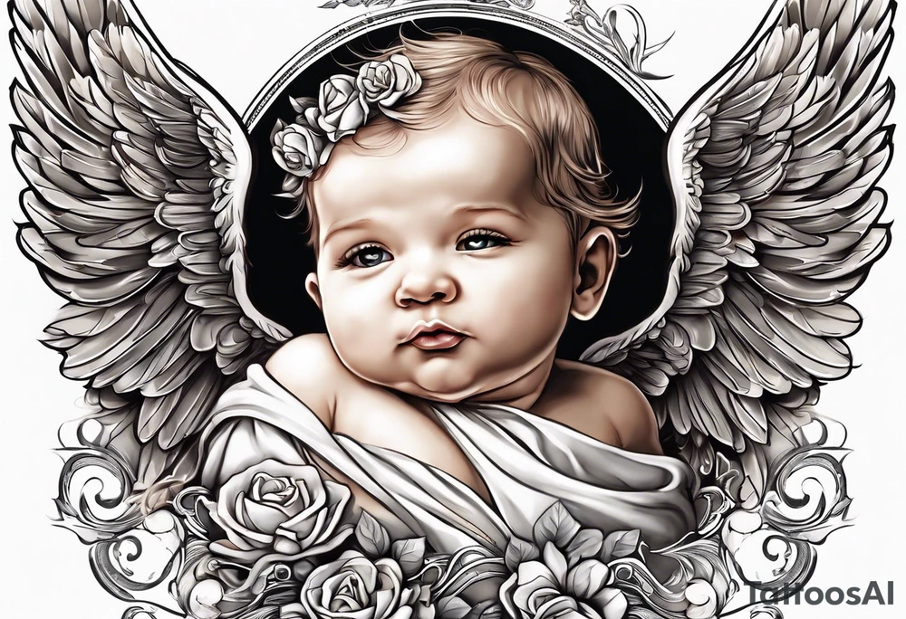 a baby angel with "my sweet angel" written underneath it tattoo idea