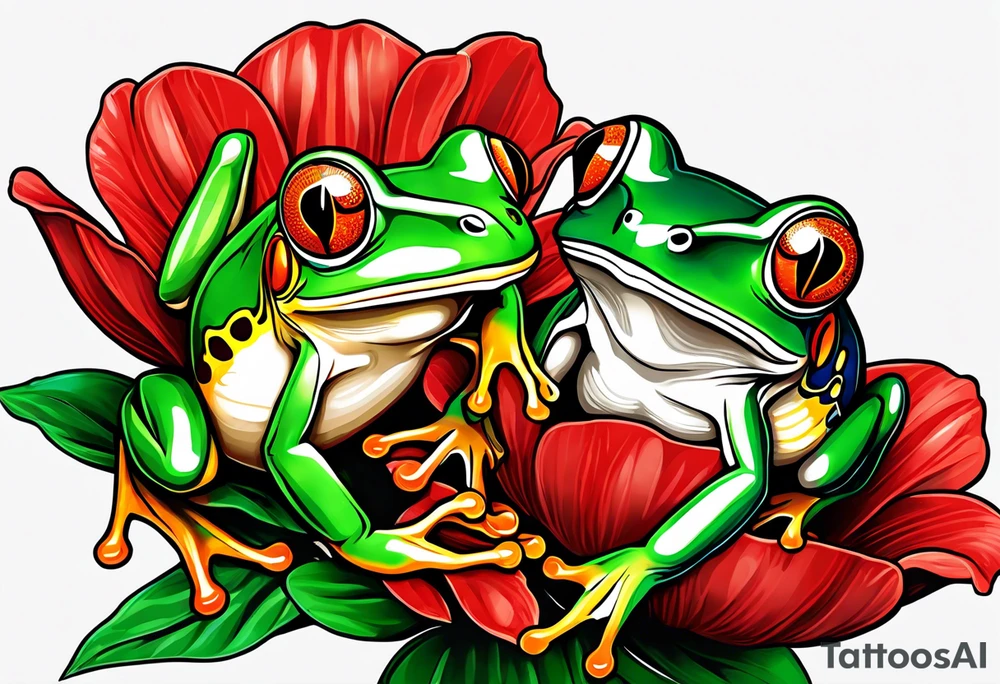 2 Red-eye tree frogs one big and one small sitting on a flower tattoo idea