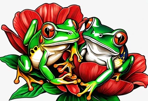 2 Red-eye tree frogs one big and one small sitting on a flower tattoo idea