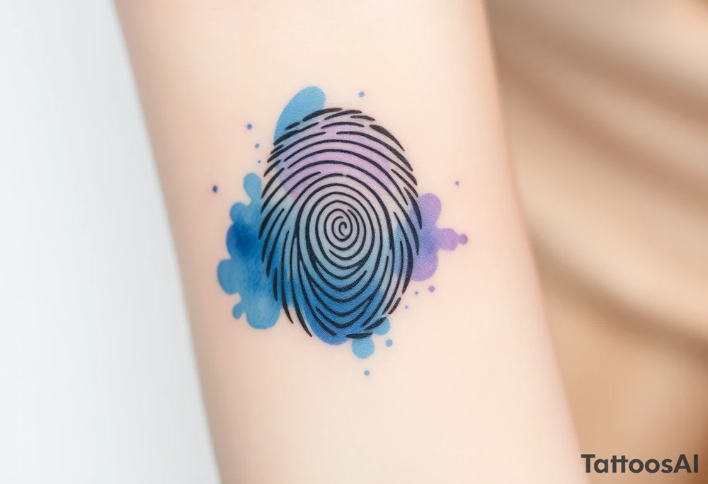A fingerprint dissolving into soft watercolor splashes in blue and lavender, symbolizing fluidity and emotional depth tattoo idea