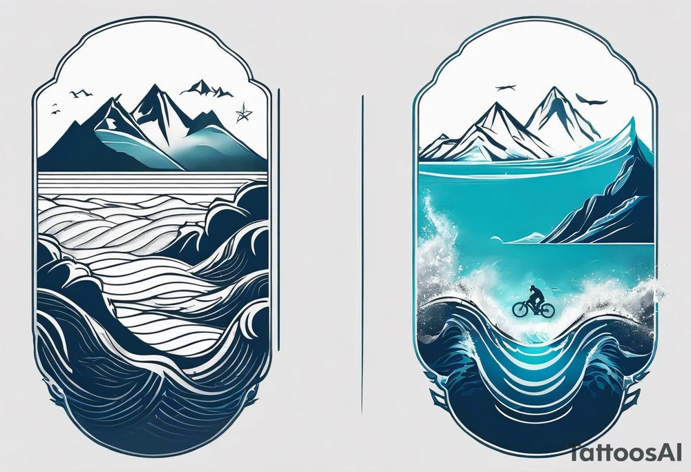 This is a minimalistic tattoo split into 2 distinct sections; a top half and a bottom half. The top half is a mountain in Norway with a windy mountain bike trail wrapping around the mountain. The bottom half of the tattoo depicts an underwater ocean scene, featuring blue water and sea life. tattoo idea