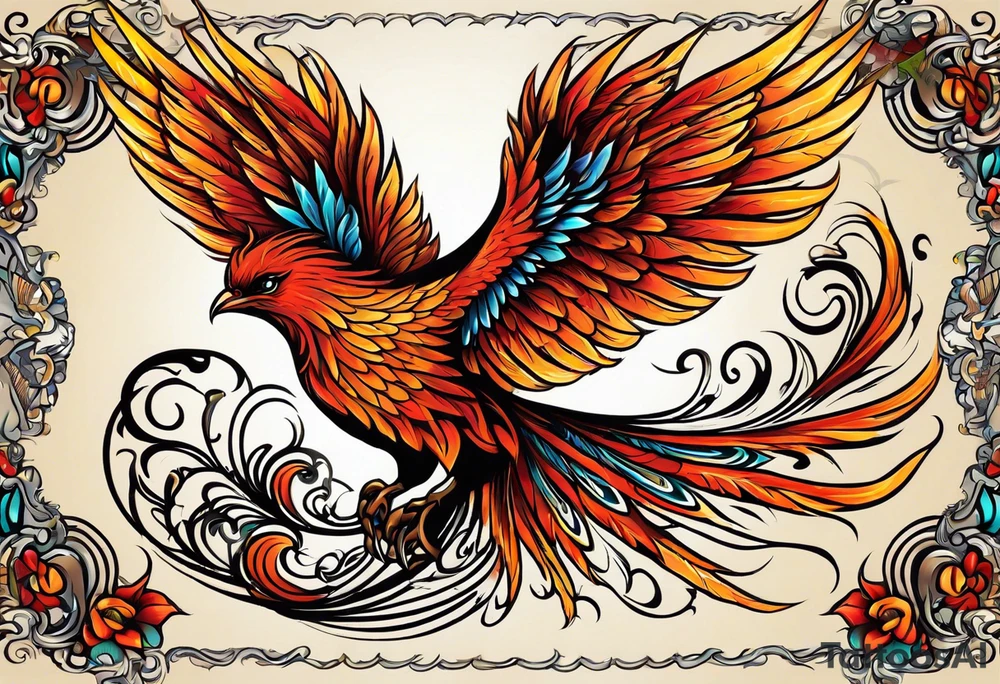 russian firebird phoenix in-flight with very long fancy tail "Isaiah 43: 18-19" tattoo idea