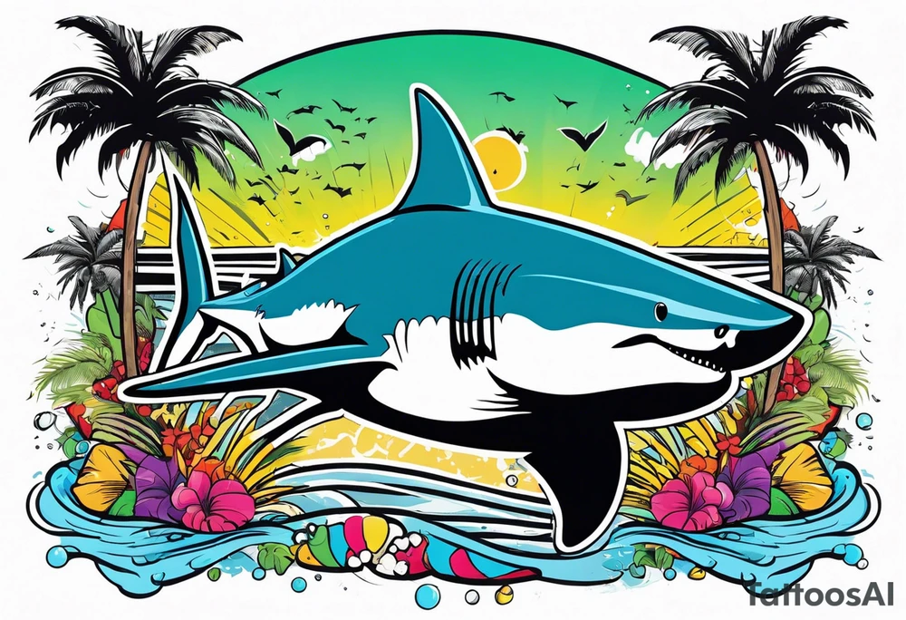 Great white shark, palm trees, money signs tattoo idea