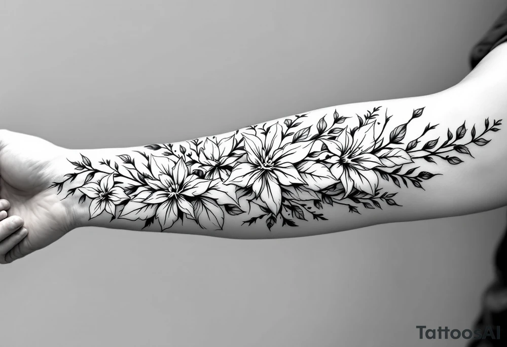 starting from a band mid-forearm, a sleeve of holly flowers and daffodils tattoo idea