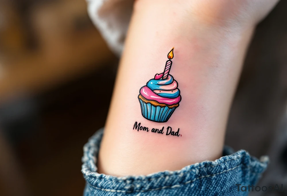 A candy-colored cupcake with a candle and the words “Thanks for Everything, Mom and Dad” in script. tattoo idea