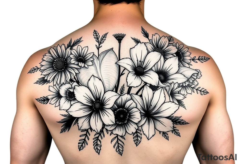 Half sleeve of Dark feminine gothic florals with daisies, poppies,  white narcissus, sweet peas and gladiolus tattoo idea