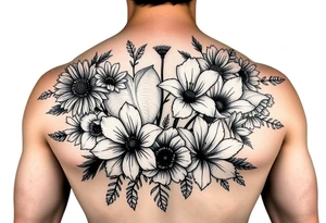 Half sleeve of Dark feminine gothic florals with daisies, poppies,  white narcissus, sweet peas and gladiolus tattoo idea