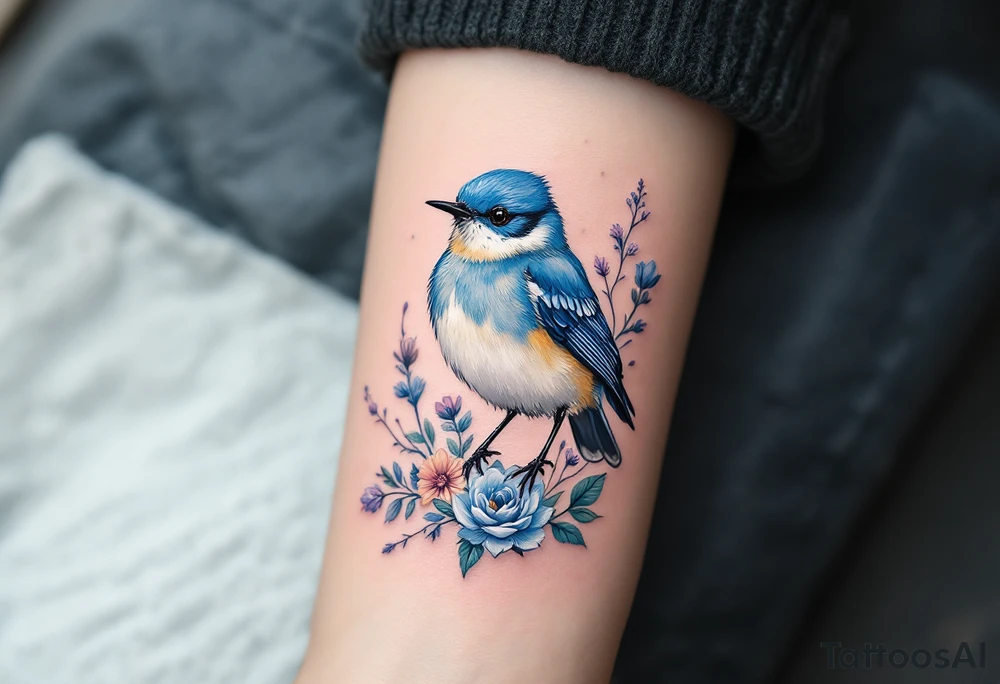 Puffy bluebird surrounded by wild flowers tattoo idea