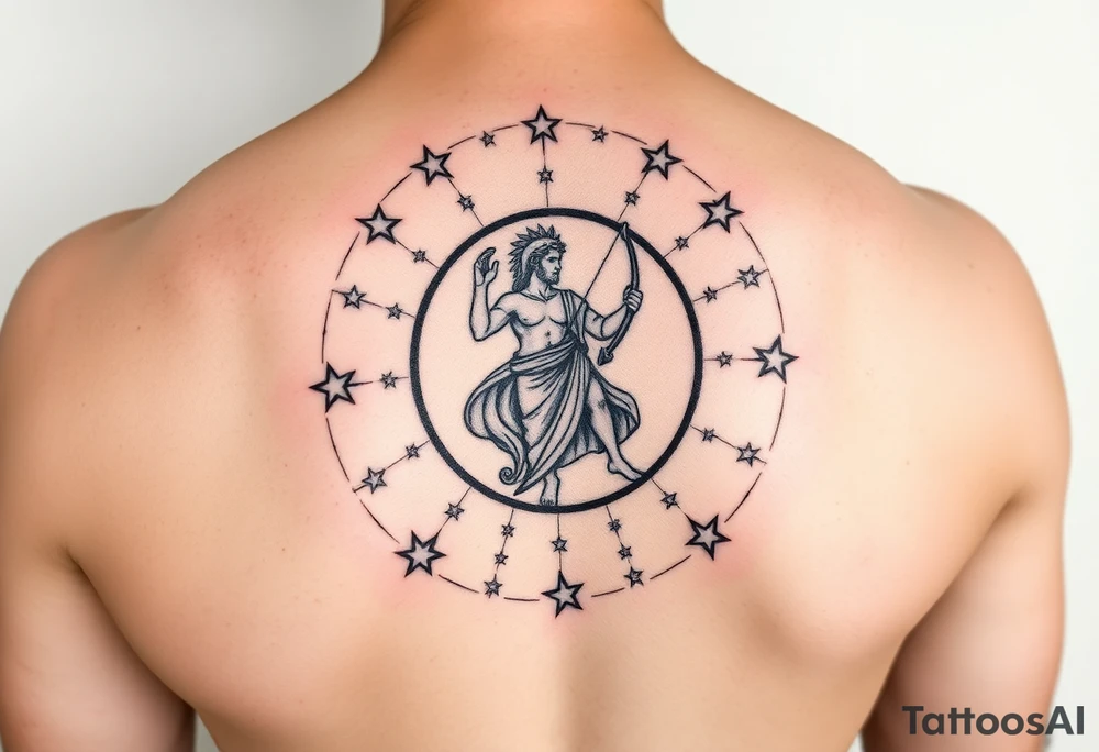For the tattoo, you could have Apollo at the center of the constellation or circle of stars, holding his lyre (which represents harmony and creativity) or a bow (symbolizing precision and aiming toward your goals). His radiance could emanate outward, subtly merging with the stars or constellation, representing how your potential—though it might still be unfolding—is being guided and illuminated by his influence.

You could also place the one "unreached" star just slightly outside of the central circle, with Apollo’s light reaching toward it, signifying that while you may not have fully realized your potential yet, it's something that Apollo's guidance can help bring into focus. tattoo idea