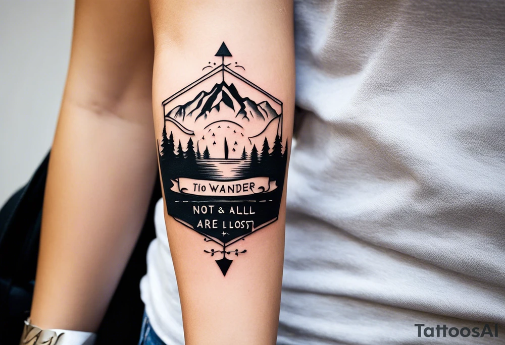 A half sleeve tattoo that features the quote **"Not all who wander are lost"** in elegant script on the outer forearm. Surrounding it are a compass rose and flowing elements like mountains, waves, and trees, symbolizing adventure and nature. Small travel icons like a plane and backpack are interspersed, enhancing the theme of exploration. The design uses a dynamic look that wraps naturally around your forearm. tattoo idea