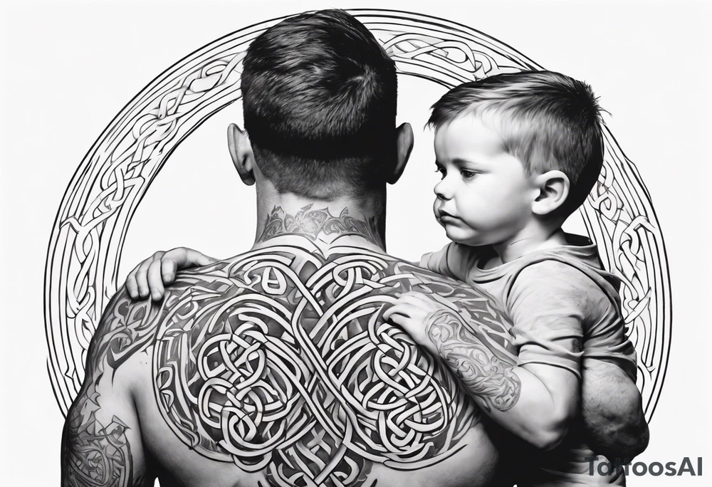 a father with a son on each shoulder from behind. A subtle design on their backs of celtic music. tattoo idea