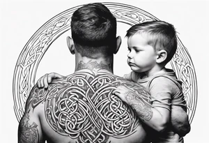 a father with a son on each shoulder from behind. A subtle design on their backs of celtic music. tattoo idea